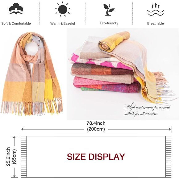Women Pink-yellow Winter Warm Shawl Wraps Tartan Blanket Oversized Scarves - Picture 5 of 5